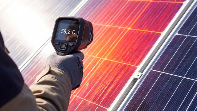 Solar panel thermal inspection using infrared temperature gun measuring heat output for photovoltaic maintenance quality control and renewable energy performance testing
