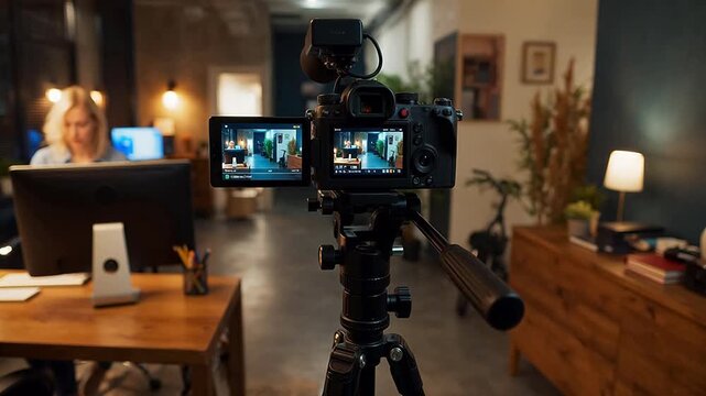 Camera setup with woman in office