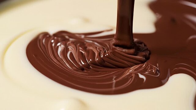 Rich Dark Chocolate Swirling into Creamy White Chocolate Close Up