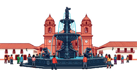 Historic plaza with central fountain and colonial architecture in vibrant urban scene