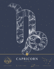 Modern magic witchcraft card with astrology Capricorn zodiac sign characteristic. Hand drawing art product. Vector illustration © annbozhko