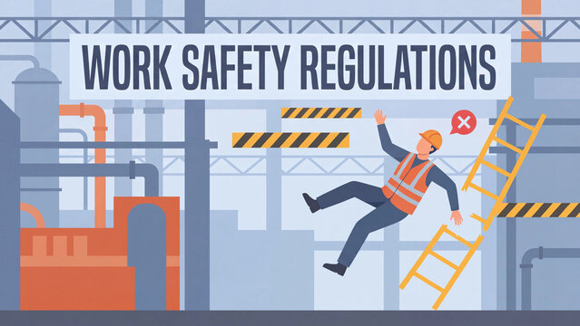 Workplace safety regulations warning poster showing construction site fall hazard for industrial worker protection compliance and occupational health standards