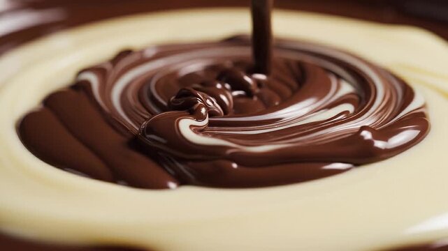 Rich Dark Chocolate Swirling into Creamy White Chocolate Close Up