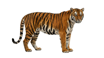 Fototapeta premium A majestic tiger stands poised and alert, isolated on a stark black background, showcasing its distinctive striped coat.