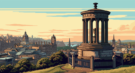Obraz premium Vintage cityscape with historic monument and scenic skyline in pixel art style