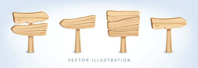 Vector cartoon 3d signboard set. 3d realistic empty wooden right, left direction arrow and plaque. Wood texture light brown pointers collection. Wooden choice signpost sign, vintage street road banner © Ketmut