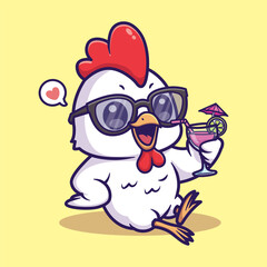 Obraz premium Cute Chicken Drinking Cocktail Cartoon Summer Illustration