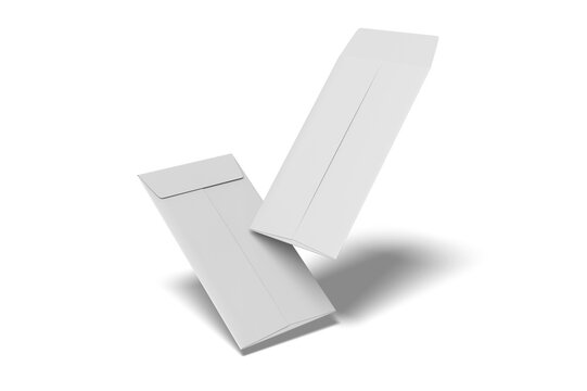 Two Blank White DL Envelopes Floating Dynamic Perspective Isolated, 3D Illustration