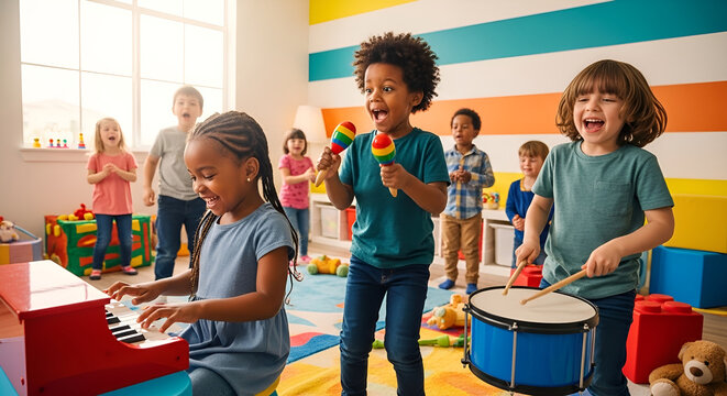 Happy diverse children playing musical instruments and singing in a vibrant classroom