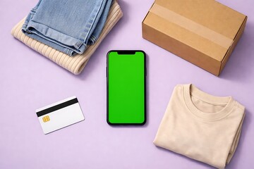 E-commerce Shopping Flat Lay with Green Screen Smartphone and Credit Card