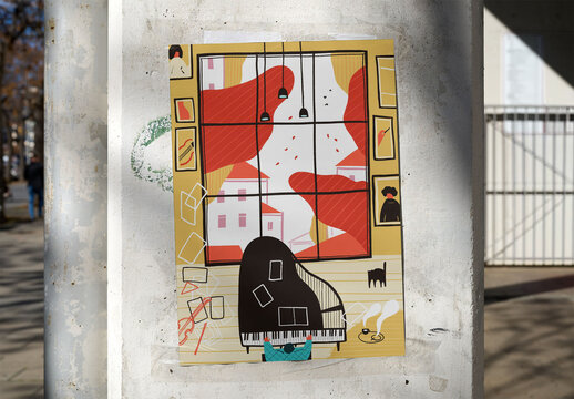 Real photo of Bright Green Poster on Urban Wall in City. PSD template mockup.