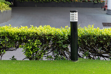 Modern black lamp post stands beside trimmed green hedge. light bollard on green pavement. © Rattanachat