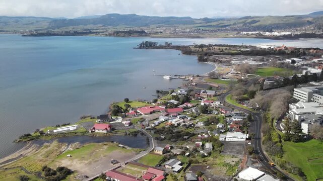 Birds eye view of Maori Village, Ohinemutu and Lake Rotorua lakeside. New Zealand