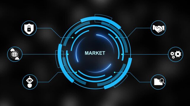 Glowing neon blue circular interface with the word MARKET at its center, surrounded by financial on a dark technological background with abstract network lines and data points