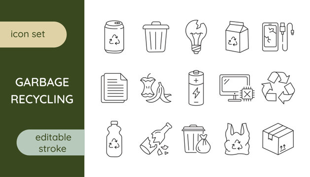 A set of line icons on waste recycling.