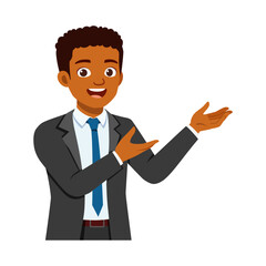 Obraz premium Happy African American businessman presenting with open hands smiling expression business professional man
