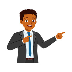 Fototapeta premium Happy African American man in suit smiling and pointing fingers confidently presenting an idea