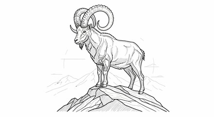 Majestic mountain ram standing proudly on a rugged peak, rendered in detailed black and white