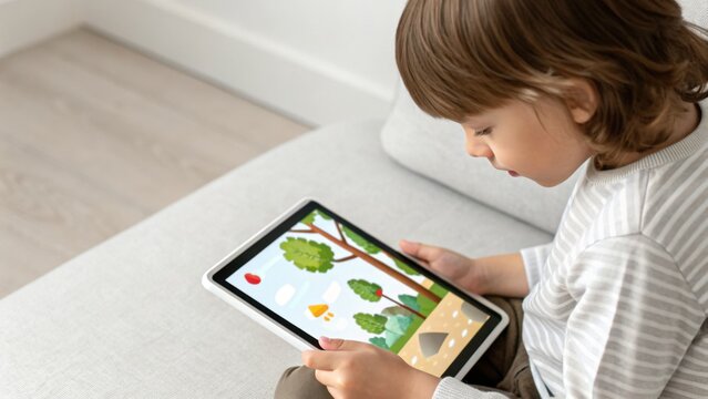 A young child sits on a couch, focused on playing a colorful educational game about nature on a tablet.