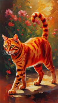 Vibrant orange tiger cat walking outdoors.