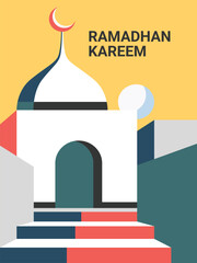 Obraz premium Playful Artistic Geometric Mosque with Colorful Stairs for Ramadan