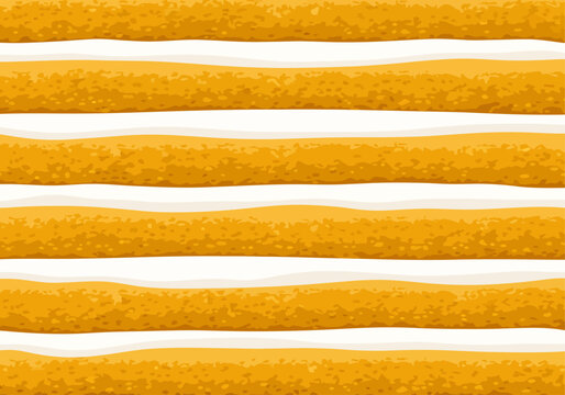 A stylized graphic pattern depicts a mouthwatering layered dessert, featuring thick, granular horizontal bands of golden-yellow sponge cake alternating with smooth, wavy white cream filling.