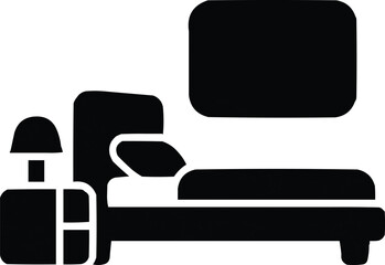 The image presents a minimalist black and white icon depicting a simple bedroom setup. The central focus is a bed, which is illustrated with a pillow and a blanket, conveying a sense of comfort 
