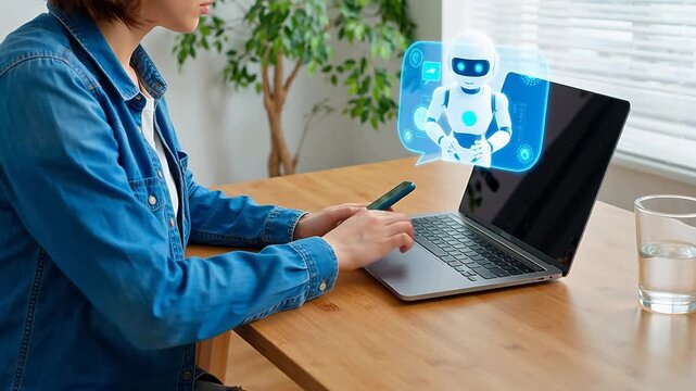 Woman using laptop with robot hologram