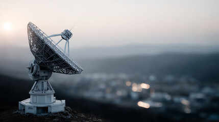 Communicating with the Cosmos: A high-tech satellite dish stands tall against a tranquil sunrise, poised to collect and transmit data from the vast expanse of space.