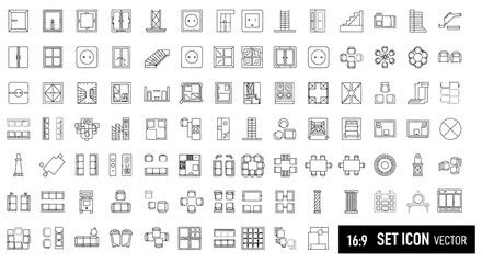 Fototapeta premium architectural floor plan icons vector for building and interior design featuring furniture doors windows and stairs.