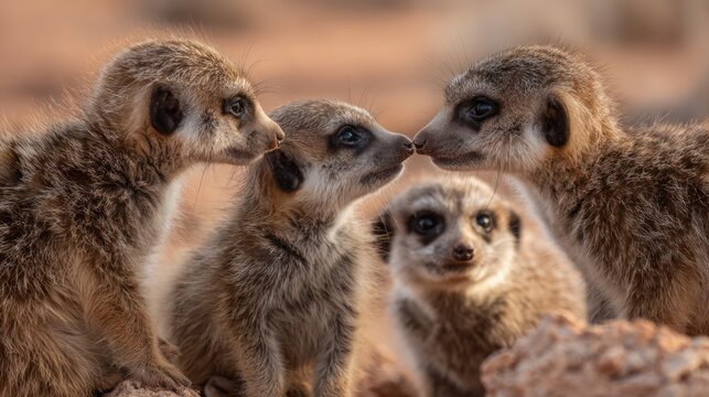 Four meerkat cubs huddled close together, noses touching in a gentle greeting
