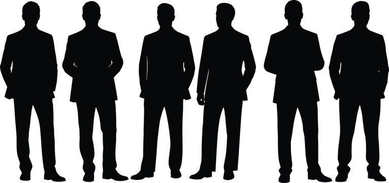 Silhouette business people standing, corporate attire, professional posture, workplace concept, formal suit illustration, minimalist art, body language, team representation