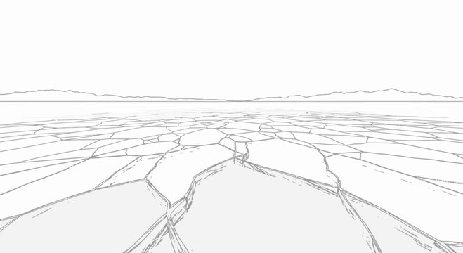 Minimalist line art illustration of a fractured ground plane beneath a clear sky with distant peaks