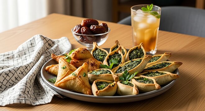savory middle eastern spinach fatayer and baked pastries served with dates and iced tea on a rustic wooden table.