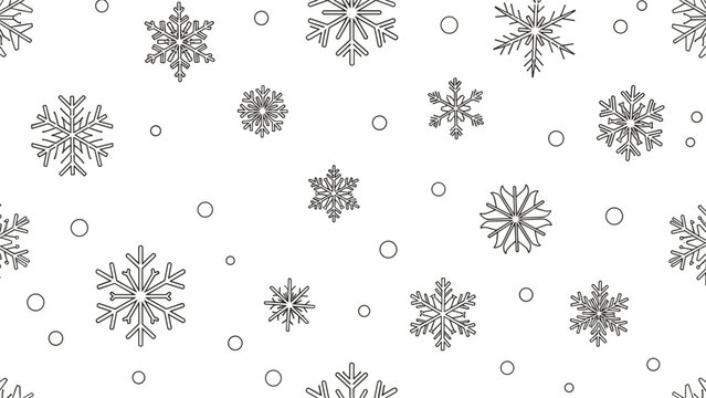 Delicate winter pattern of various hand drawn snowflake outlines and small circles on a clean white background.