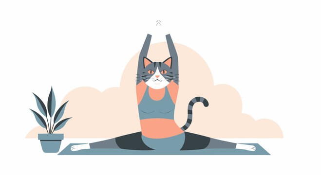 Adorable Cartoon Cat Doing Splits In A Yoga Class