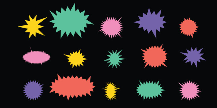 Colorful Comic Speech Bubbles and Explosive Starburst Shapes Set on Black Background