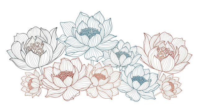 Collection of detailed line art lotus flowers in shades of blue and orange arranged in a group for a serene and spiritual botanical design.