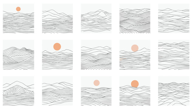 Grid of fifteen abstract landscape sketches featuring stylized mountains and a soft orange sun made of repeating horizontal and wavy lines.