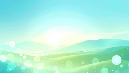 Obraz premium A serene landscape depicts rolling green hills fading into misty mountains under a bright, dreamy sky. Abstract bokeh lights sparkle