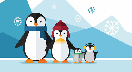 Fototapeta premium Charming Penguin Family Illustration Against Winter Landscape Background