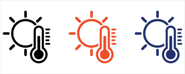 Sun and Thermometer Icon Set for Hot Weather and Temperature Measurement Symbols Vector Illustration.