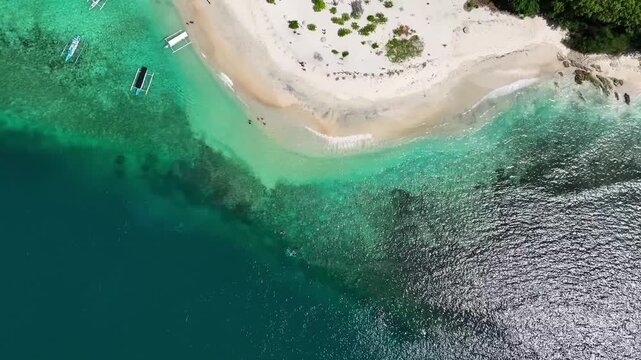 Aerial overhead view of tropical beach and mangrove forest, pristine Gili islands, Lombok