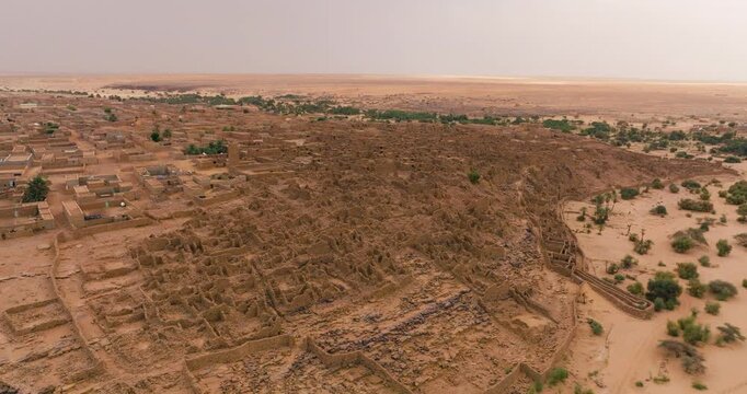 Ancient, Ruined City Of Ouadane In Mauritania - UNESCO World Heritage Site. Aerial Drone Shot