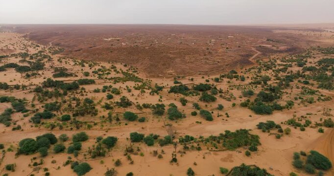 Deserted Landscape Overlooking The Ancient Town Of Ouadane In The Adrar Plateau In Mauritania. Aerial Shot