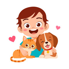 Fototapeta premium Happy child boy smiling embracing his beloved cat and dog with joyful expression in a cute cartoon illustration
