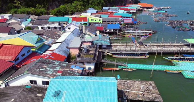 Koh Panyi-Koh Panyee, Famous Floating Fishing Village In Phang Nga Bay, Thailand. Aerial Rotate Shot