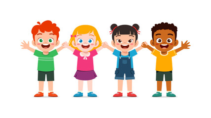 Plakat Diverse group of happy children smiling and holding hands with raised arms in a cheerful illustration
