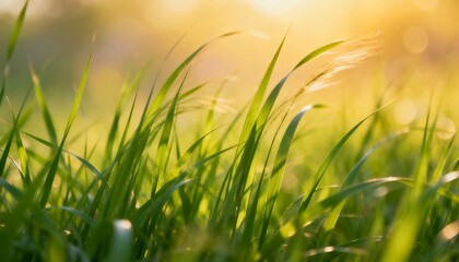 Fototapeta premium Grass blades in sunlight, close-up with warm golden hour glow