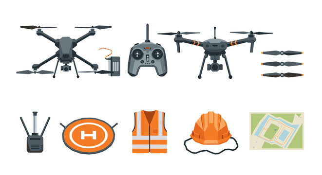 Drone equipment set with accessories and safety gear in flat design